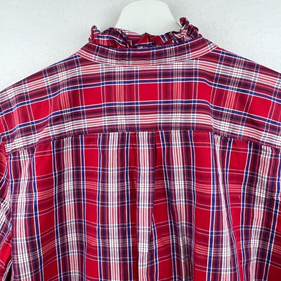 Gap Womens Red Check The Fitted Boyfriend Shirt Size XL Button Front Ruffle Neck - Picture 5 of 14